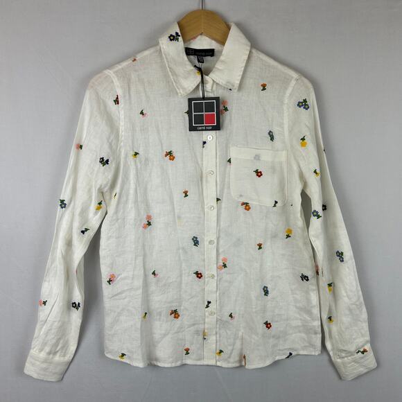 Carre Noir Linen Floral Button Up Shirt Long Sleeve White Women's Size XS - Picture 1 of 10